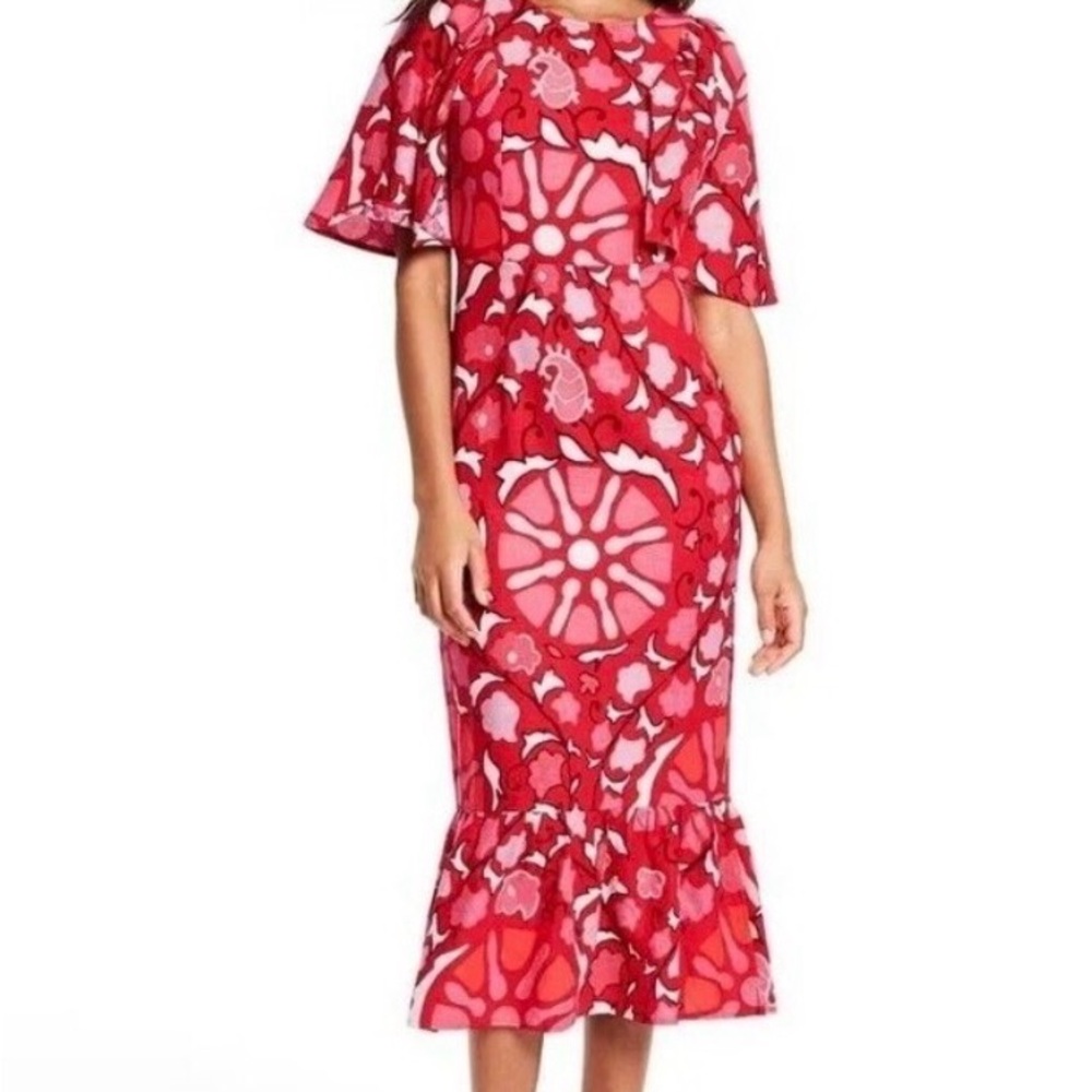 RHODE Red Floral Flutter Sleeve Midi Dress